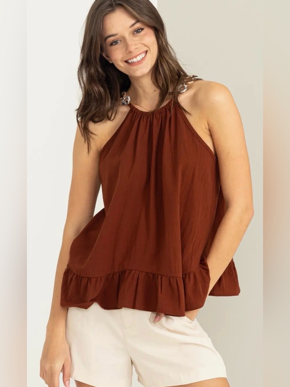Women’s Ruffle-Hem Halter Top in Rust